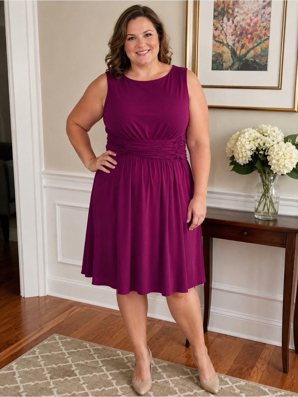Jones New York Plus Size 20W Magenta Ruched Waist Fit & Flare Dress